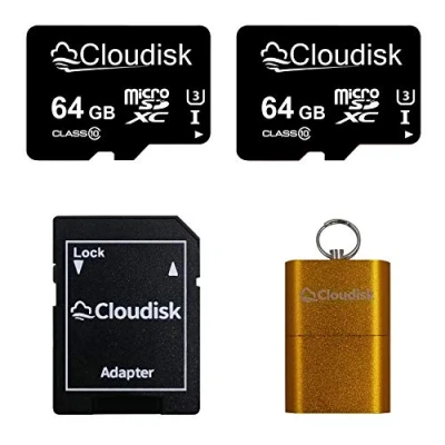 Immagine di Cloudisk Confezione da 2 Schede Micro SD 64GB U3 C10, Memoria Ultra Rapida con Adattatore e Lettore di Schede, Perfetta per Video 4K UHD, Full HD, Giochi, Droni, Fotocamere Smartphone