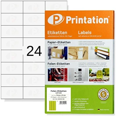 Immagine di Printation etichette bianche 70 x 37 mm resistenti alle intemperie su fogli DIN A4 24 impermeabili autoadesive per foglio 3 8 25 600 in pellicola con