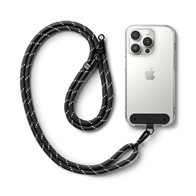 Immagine di Ringke Holder Link Strap Con Etichetta Nylon Nero, Tracolla Regolabile Cordino Corda Poliestere Compatibile Custodia Universale per Cellulare Black &amp; White