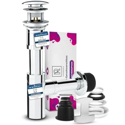 Immagine di Sifone Design Tubolare Lavandino in Ottone con Cromato Tappo Piletta Click Clack Troppopieno Tutto Dotazione