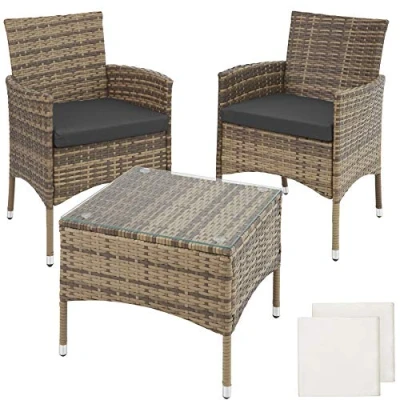 Immagine di TecTake® Set da Giardino in Rattan Lucerna, Robusto Telaio Acciaio, Sedie Esterno, Tavolino Salotto con Piano Vetro, Comodi Cuscini, Design Moderno Naturale