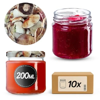 Immagine di KADAX Barattoli Ermetici di Vetro da 200 ml, Vassetti Piccoli con Coperchio a Vite per Conserve Frutta, Marmellate e Miele (Set 10, Funghi)