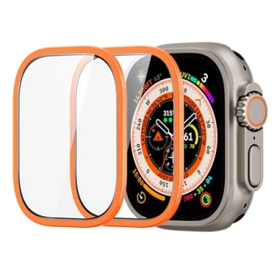 Immagine di ESR Armorite Pellicola Protettiva per Apple Watch Ultra 2/1 (2024/2023/2022, 49 mm), Protezioni lo Schermo con Cornice in Quadro di Alluminio, Chiarezza HD, Anti graffi, Arancia, 2 Pezzi