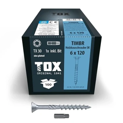 Immagine di TOX Viti per costruzioni in legno TIMBR SK 6,0 x 120 mm, testa svasata, TX30 un facile avvitamento e montaggio a filo nelle legno, 100 pezzi scatola, incl.1x punta, 1120404160120