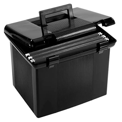 Immagine di Pendaflex Scatola portadocumenti portatile con guide portadocumenti, coperchio incernierato doppia chiusura, nero, 3 cartelle nere da appendere incluse (41742AMZ)