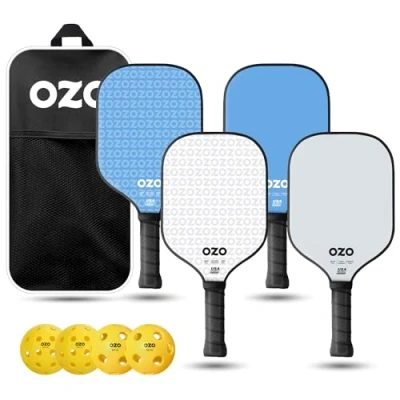 Immagine di OZO Pickleball Set di 4 Racchette, Palline e Borsa 2xSpark Fusion Essence (Ibrida) Energia Ritmo (Potenza) per Principianti + (per Esterno ed Interno) Approvate USAPA