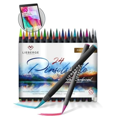 Immagine di LIEBERGE Set di Pennelli premium 24 colori ad acquerello + 2 per serbatoio dell&#039;acqua con punta flessibile acquerello, scrittura manuale, bullet Journal, calligrafia