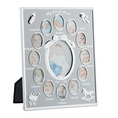 Immagine di Relaxdays Cornice Portafoto Multipla per Bambini, Primo Anno, da 0 a 12 Mesi, Appoggio, Alluminio, Argento, 29 x 24 cm