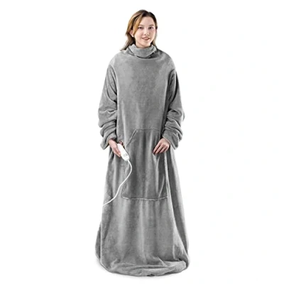 Immagine di Navaris Coperta Termica con Maniche 195x125cm Termocoperta Elettrica 150W Riscaldamento Regolabile Timer Scalda Divano Snuggy Grigio/Crema