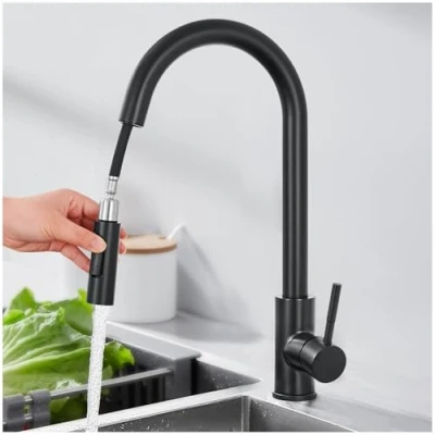 Immagine di MIDINGCHAI rubinetto da cucina nero con doccetta estraibile, ad alta pressione due tipi di getto d&#039;acqua, girevole a 360, in acciaio inox, miscelatore