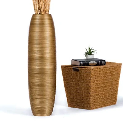 Immagine di Leewadee Grande Vaso Da Terra: Alto Stile Boho In Legno Di Mango Per Rami Pampa, 90 cm, Oro
