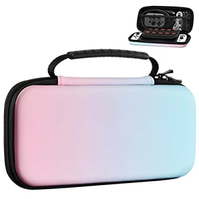 Immagine di MoKo Custodia da Trasporto Compatibile con Nintendo Switch OLED/Switch, Rigida per Console Switch, 10 Slot Schede di Gioco, Chiusura Cerniera Liscia, Blu/Rosa