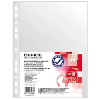 Immagine di Office PRODUCTS Buste trasparenti formato A4, 100 pezzi/apertura superiore, in plastica, forate, 60 micron/bordo rinforzato