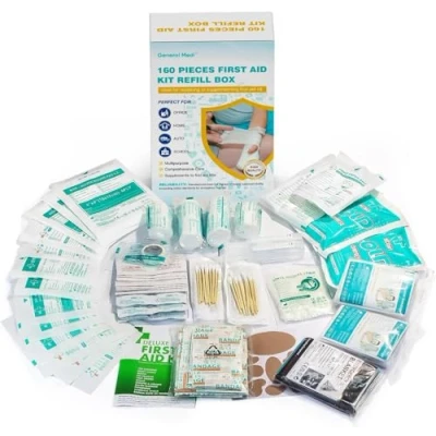 Immagine di General Medi Kit di ricarica per sacchetti pronto soccorso, confezione da 160 pezzi, include collirio, freddo istantaneo, bendaggi, garza, materiale medico ricambio extra soccorso