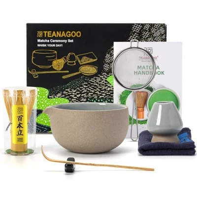 Immagine di TEANAGOO set da tè giapponese (7 pezzi), per frusta matcha, ciotola matcha con beccuccio, in bambù (Chasen), pala (Chashaku), N2, grigio più scuro