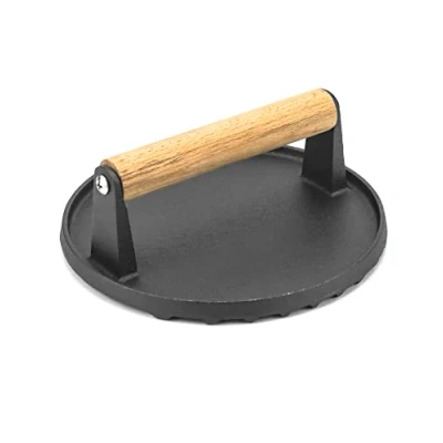 Immagine di QWORK® Pressa Per Hamburger In Ghisa, Griglia Manico Legno, 17.5 cm