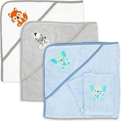 Immagine di Babykajo Set Accappatoio per Neonati con 2 Guanti da Bagno in Oeko Tex Standard 100 Certificato, Asciugamano Cappuccio Morbida Spugna, Primo Bambini 80x80 cm