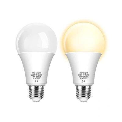Immagine di MDLight 2 pezzis 12W E27 Lampadina con Sensore Crepuscolare, Globo Lampadine LED Crepuscolare da Esterno, Auto On/Off, Bianco Caldo 3000K per Veranda Giardino Porta d&#039;ingresso Corridoio