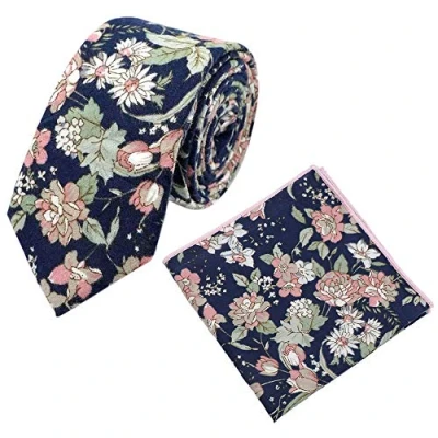 Immagine di DB Dickie Bow Set da uomo con cravatta e tasca quadrata in cotone di lusso Floreale, Blu &amp; Rosa Tie Length: 145cm. Pocket Square: 23cm x