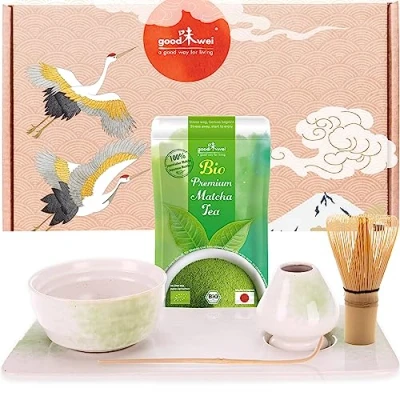 Immagine di Goodwei matcha tè Set per cerimonia del giapponese ciotola matcha, porta scopa e vassoio da dal design abbinato, con vero biologico Giappone (Shiro)