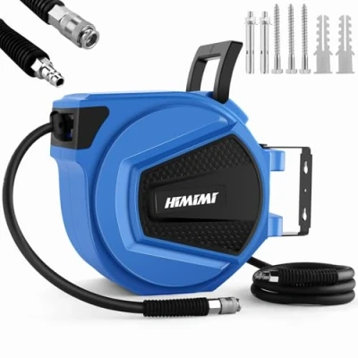 Immagine di Avvolgitubo ad Aria Compressa con 9,5mm x 15m + 1.3m Tubo, 1/4&quot; BSPT Raccordi Rapidi, da Parete per Compressa, Arrotolatore Riavvolgimento Automatico, Max 12 Bar (Blu E Nero, 1PCS)