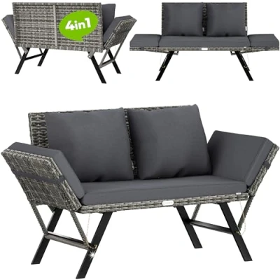 Immagine di CASARIA® Panca da Giardino in Polyrattan Reclinabile Braccioli Regolabili Resistente Divano Esterno Terrazza Balcone