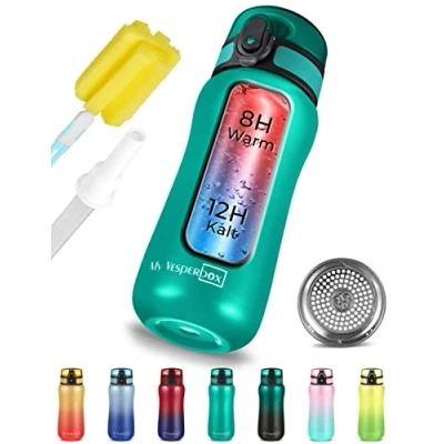 Immagine di My Vesperbox Thermo Minny Borraccia in acciaio inox impermeabile con paglia o setaccio 400 ml, 600 ml resistente per bambini e adulti senza BPA