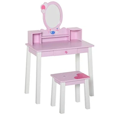 Immagine di HOMCOM Toeletta per Bambine +3 Anni in Legno, Set Tavolo da Trucco Giocattolo con Specchio e Sgabello, Rosa