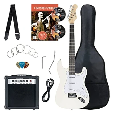 Immagine di Rocktile Banger&#039;s Pack Set Chitarra Elettrica Bianca Kit Completo per Chitarre Elttriche con Amplificatore 25W, Custodia Morbida, Cavo, Tracolla, Tremolo, Plettri White Highgloss