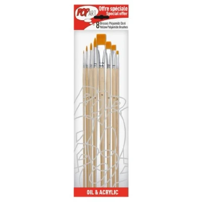 Immagine di Pebeo 950250 Set di pennelli, 8 pz, setole in Poliammide Color Oro, Punta Tonda (Numeri 0, 3, 6, 10) e Piatta 2, 10, 14)