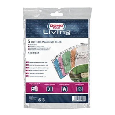 Immagine di Domopak Living 918045 Custodie Maglioni e Felpe, Polietilene, 43 x 50 cm, 5 unità, Trasparente