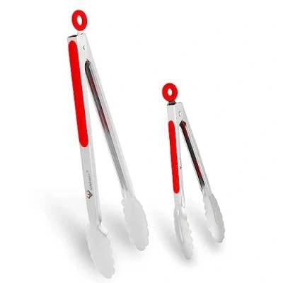 Immagine di WINPOST Set di 2 pinze da cucina in acciaio inox, 21 cm e 34 cm, manico antiscivolo resistente al calore, ideali per cucinare, insalata, grigliare barbecue (21 + rosso)
