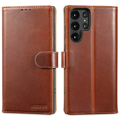 Immagine di Lensun Cover per Samsung Galaxy S22 Ultra 5G, Custodia in Vera Pelle [Supporto Stand] Libro con Portafoglio Chiusura Magnetico Flip Custodie Cuoio Marrone scuro
