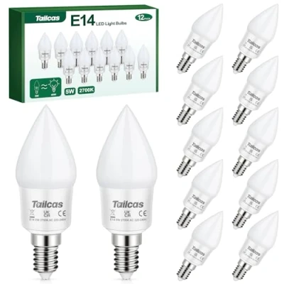 Immagine di Tailcas Lampadine LED Candela E14, 5W Equivalenti a 40W Incandescenza Lampadina, 450LM Luce Bianca Calda 2700K, C35 LampadinaVite Piccola Edison, Non Dimmerabile Pacco da 12
