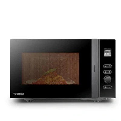 Immagine di Toshiba MV AM20T(BK) Microonde singolo/20 l/800 W/5 livelli di potenza, 12 programmi automatici/interni smaltati, facile da pulire, funzione scongelamento, piatto girevole in vetro (24,5 cm), nero