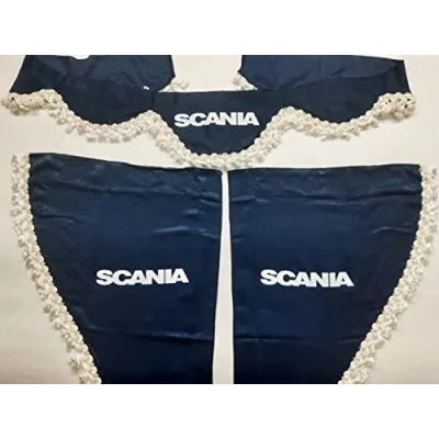 Immagine di Set di 3 tende decorative in peluche con pompon bianchi per camion Scania R S P L (blu)