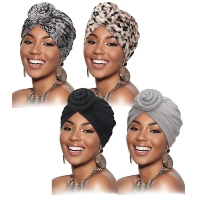 Immagine di DRESHOW 4 Pezzi Donna Africana Turbante Sciarpa Avvolge Testa Boho Elastico annodato Berretto Pre Chemio Cappello