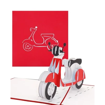 Immagine di biglietto d’auguri tridimensionale “Scooter rosso, pop up con scooter, di compleanno originale, pieghevole busta 3D.
