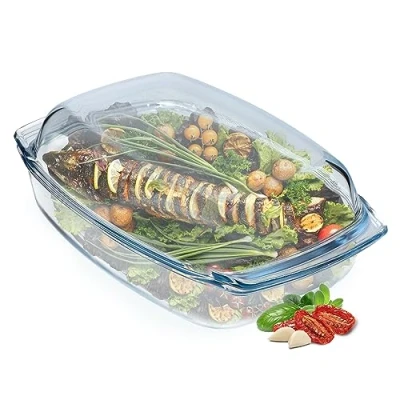 Immagine di KADAX Pirofila per Cottura da Forno in Vetro Trasparente, Casseruola Rettangolare con Coperchio Cucina, Piatto Resistente al Calore (5 L)