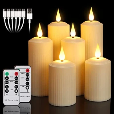 Immagine di yunsheng candele LED ricaricabili con telecomando a 10 pulsanti, impermeabili da esterno senza fiamma timer 6/8H, set di 6 romane (5,1x10,5/14/16,5 cm), avorio, tipo C