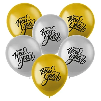 Immagine di Folat 66100 Decorazioni Capodanno Palloncini &#039;Happy New Year&#039; 33cm 6 Pezzi Oro e Argento, Multicolore, Large
