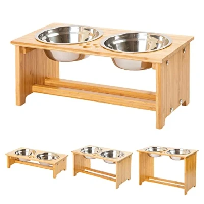 Immagine di FOREYY ciotole per cani alzate e gatti cibo in bambù Elevated Stands Piatti mangiatoie con 2 acciaio inox piedini antiscivolo (M)