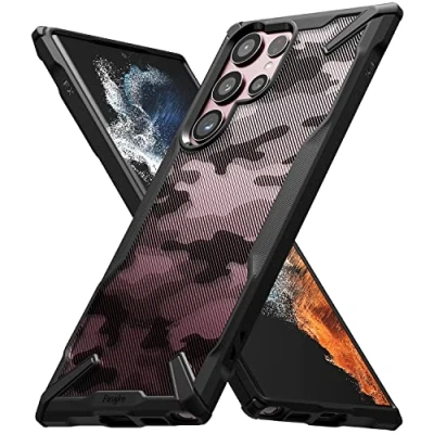 Immagine di Ringke Fusion X Compatibile con Cover Samsung Galaxy S22 Ultra 5G, Custodia Disegno Camuffare Retro Rigido Antiurto Paraurti Robusto TPU Camo Black