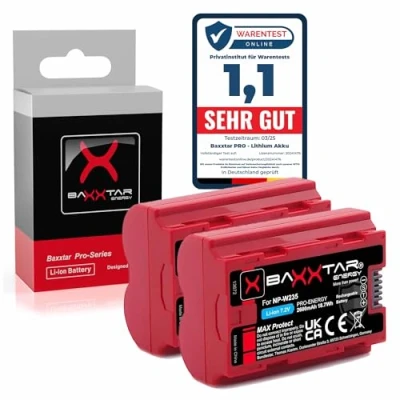 Immagine di Baxxtar 2X batteria NP W235 V1 MaxProtect (2400mAh) con sensore NTC attivo e custodia compatibile Fuji Fujifilm GFX50s II GFX 100S 100 X H2 H2S S20 T4 T5