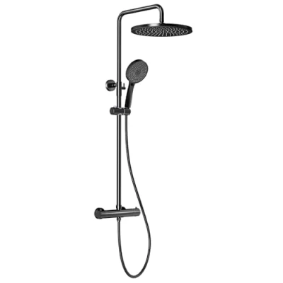 Immagine di Rainsworth Colonna doccia con Miscelatore Termostatico, 25cm rotondo soffione doccia, a mano 3 Funzione Doccetta, 92 126 cm Altezza Regolabile Grifo Ducha, Negro