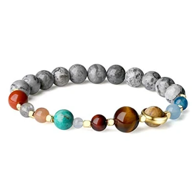 Immagine di COAI Bracciale Unisex in Diaspro Zebrato con Pianeti del Sistema Solare, Elastico Protettivo Pietre Naturali Benefiche Taglia M