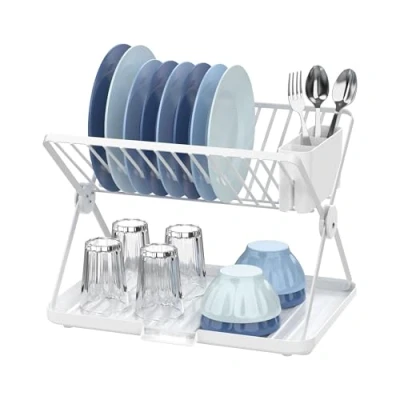 Immagine di Amig Scolapiatti Pieghevole Kaplya 41,5 x 33,2 33,8 cm Acciaio e Plastica Colore Bianco Compatto con Vassoio di Sgocciolamento Supporto per Posate Ideale Piccole Cucine