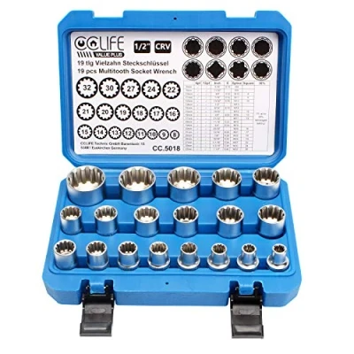 Immagine di CCLIFE 19 Pezzi profilo E10 E40 kit bussole poligonali torx Bussola esagonali 1/2&#039; 8 32mm CRV Chiavi a Femmina 12 denti