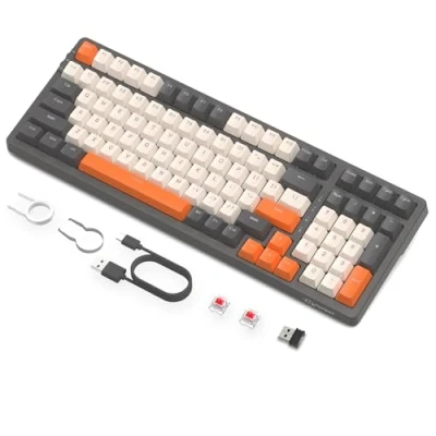Immagine di FREEWOLF K8 Tastiera da Gioco Meccanica Wireless Hot Swap, Cablata Backlit RGB Interruttore Rosso, Bluetooth/2.4Ghz/USB C Batteria 4000 mAh per Mac/Win Grigio/Arancione