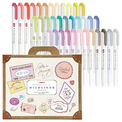 Immagine di Zebra Mildliner WKT7 35C, set di evidenziatori in 35 colori, confezione regalo, multicolore